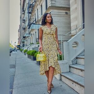 NWT Max Studio Yellow Floral Boho Midi Wrap Dress Summer Spring - Size Large